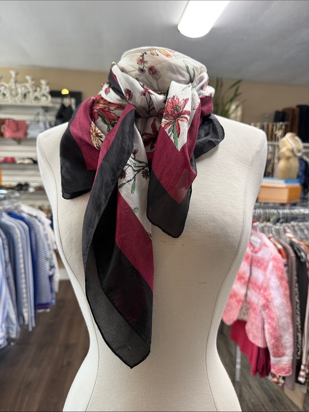 Chan Luu Burgundy and Black Floral 100% Silk Scarf apprx 40" X 39"